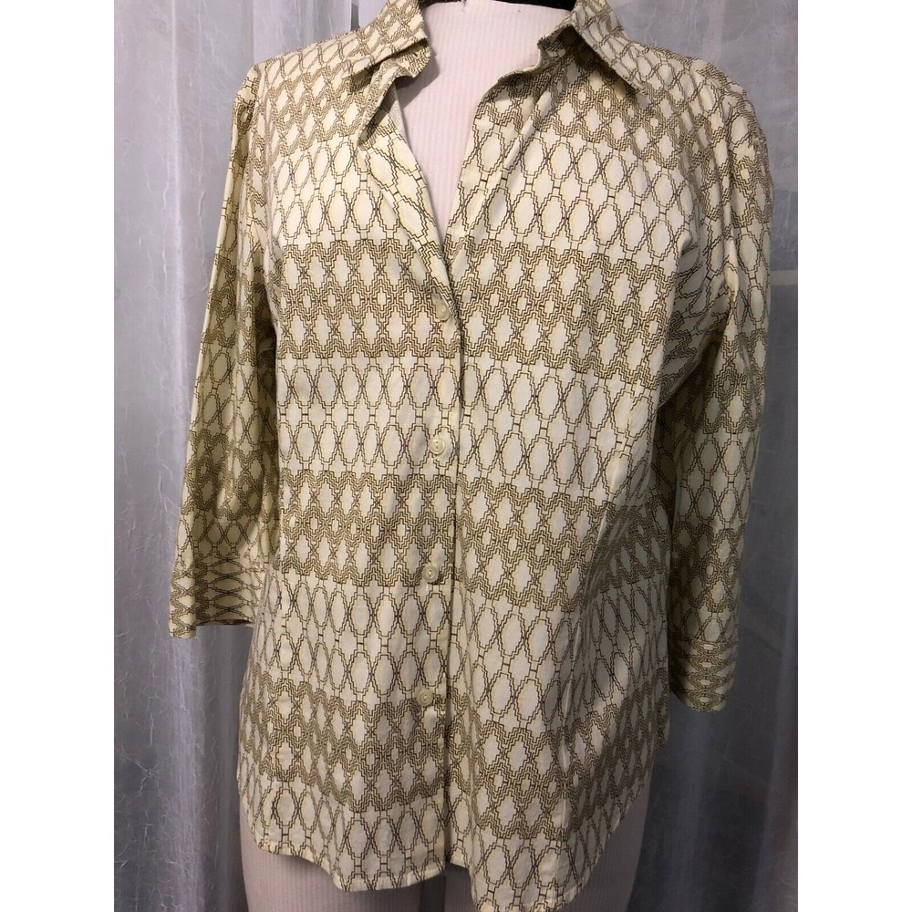 New York & Company Ivory Print Button Down Shirt Size X-Large